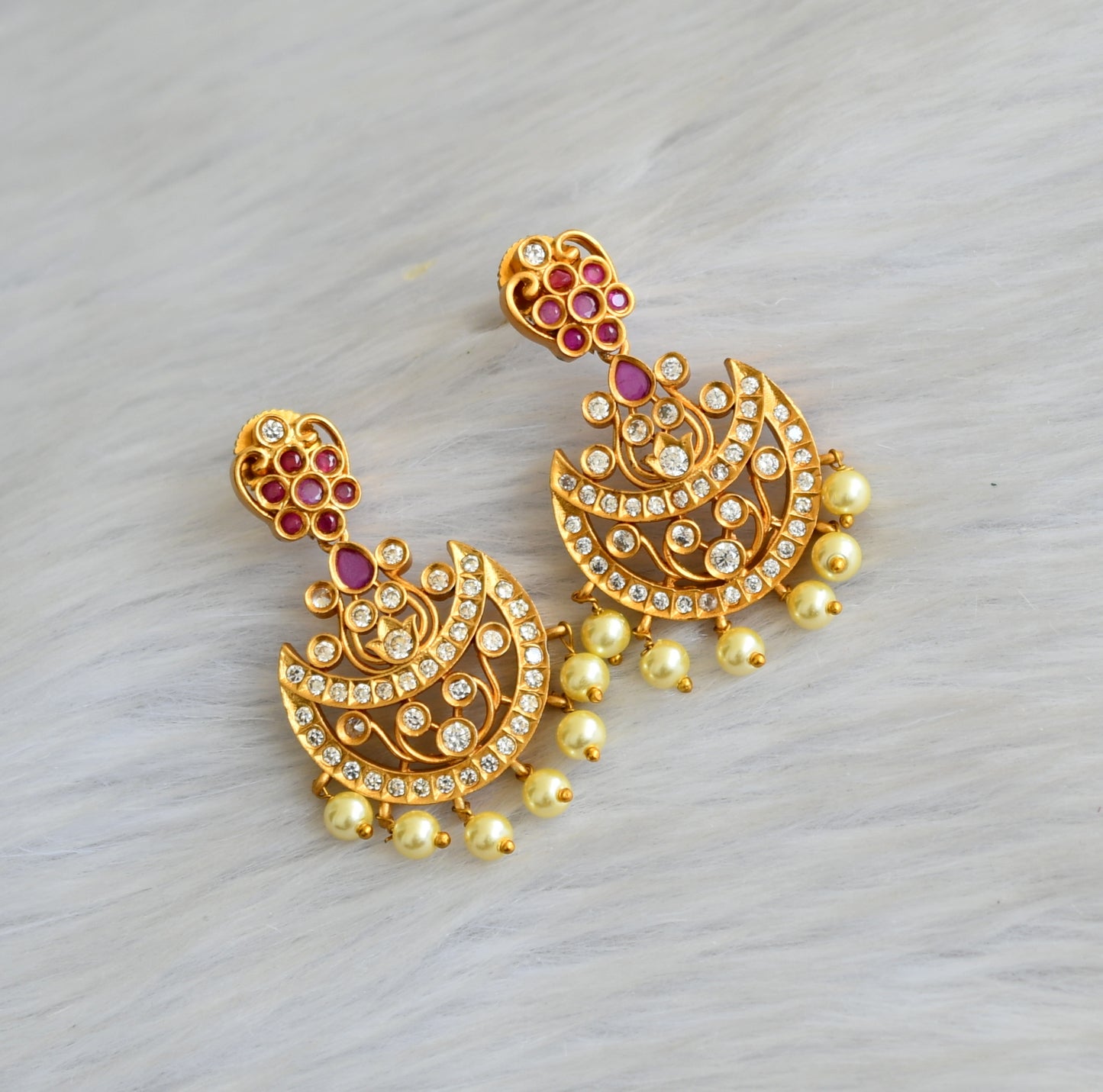 Matte finish ruby-white stone moon earrings dj-42042
