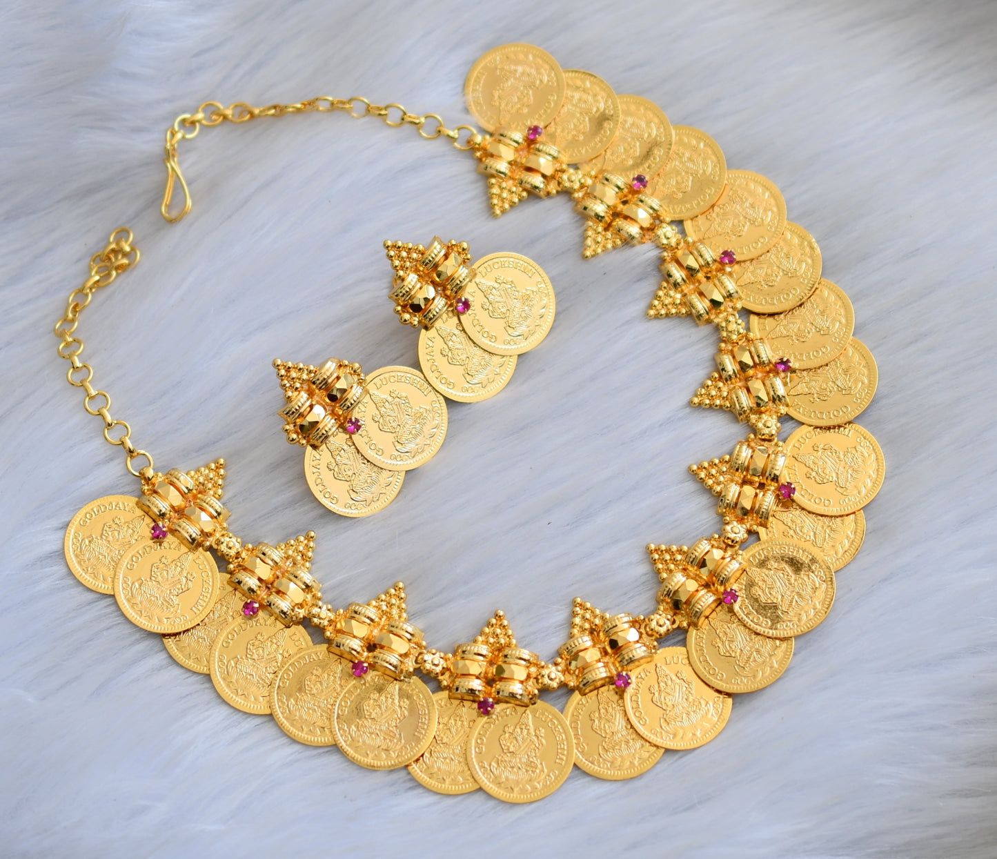 Gold tone pink stone Lakshmi coin Kerala style necklace set dj-40792