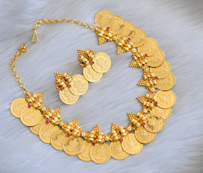 Gold tone pink stone Lakshmi coin Kerala style necklace set dj-40792