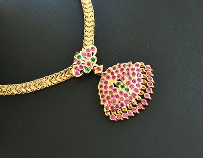 Gold tone AD pink-green stone attigai/Necklace dj-39871