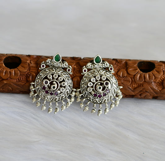 Silver tone pink-green stone peacock earrings dj-42054