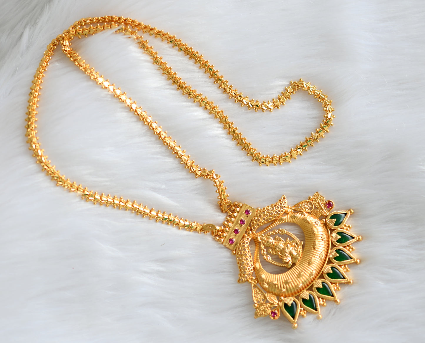 Gold tone pink-green Gopi Lakshmi Kerala style pendant with chain dj-39216