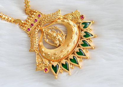 Gold tone pink-green Gopi Lakshmi Kerala style pendant with chain dj-39216