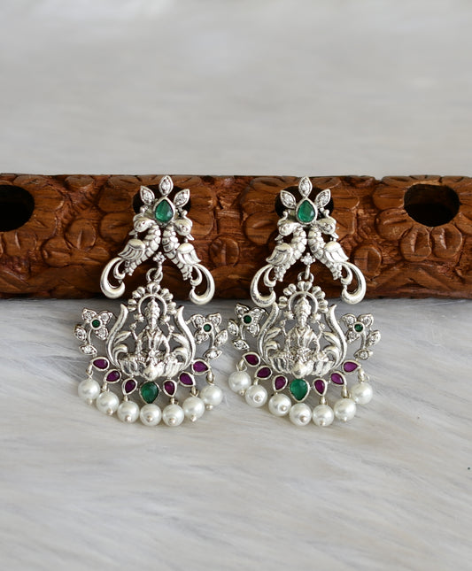 Silver tone ruby-green-white stone Lakshmi-peacock earrings dj-42055