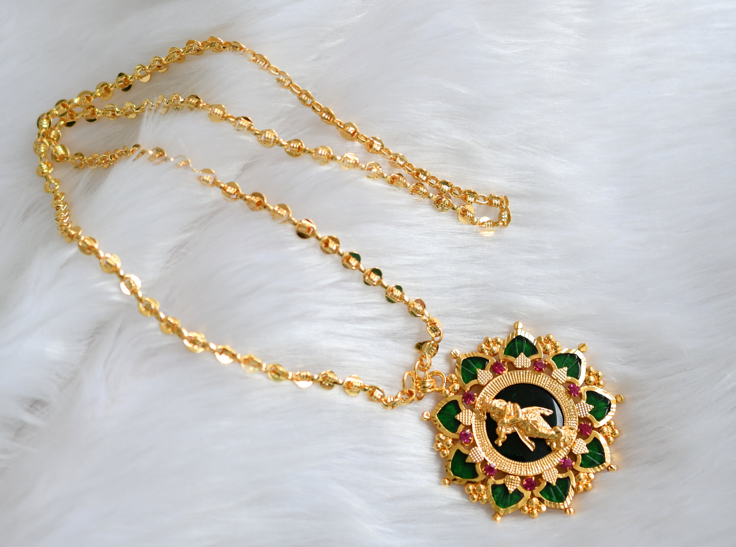 Gold tone pink-green palakka green Krishna Kerala style pendant with chain dj-39219