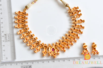 Matte Finish Ruby Pearl Peacock Necklace Set dj-10365