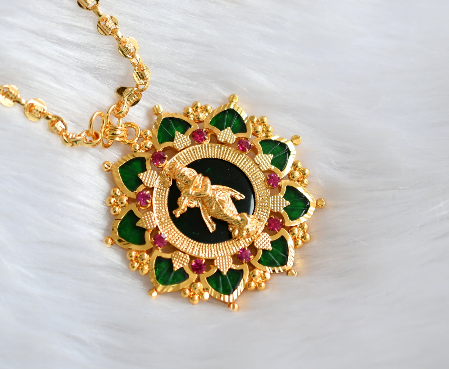 Gold tone pink-green palakka green Krishna Kerala style pendant with chain dj-39219