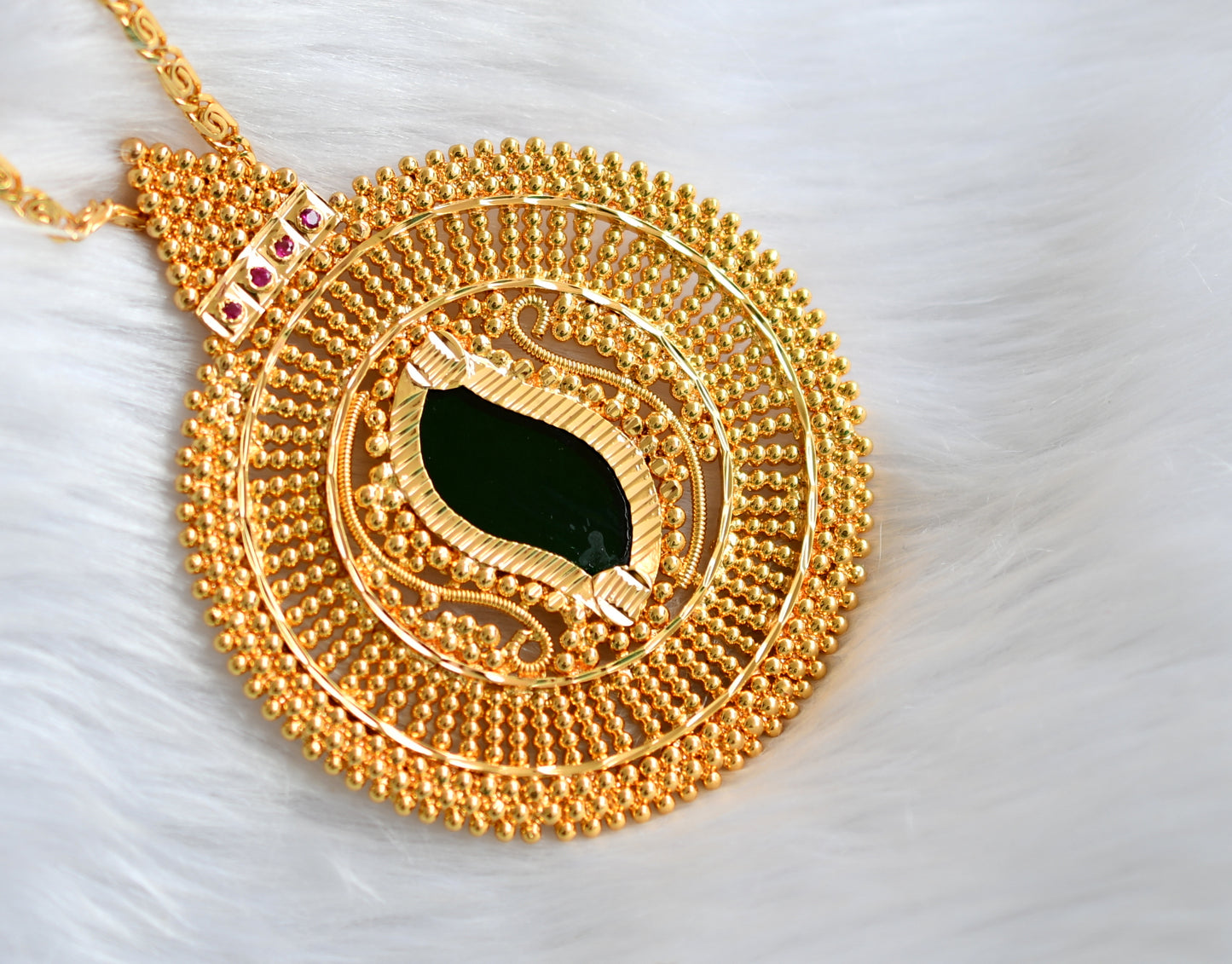 Gold tone pink-green Big Kerala style pendant with chain dj-39231