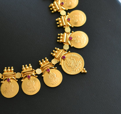 Gold tone pink stone Lakshmi coin Kerala style necklace dj-40789