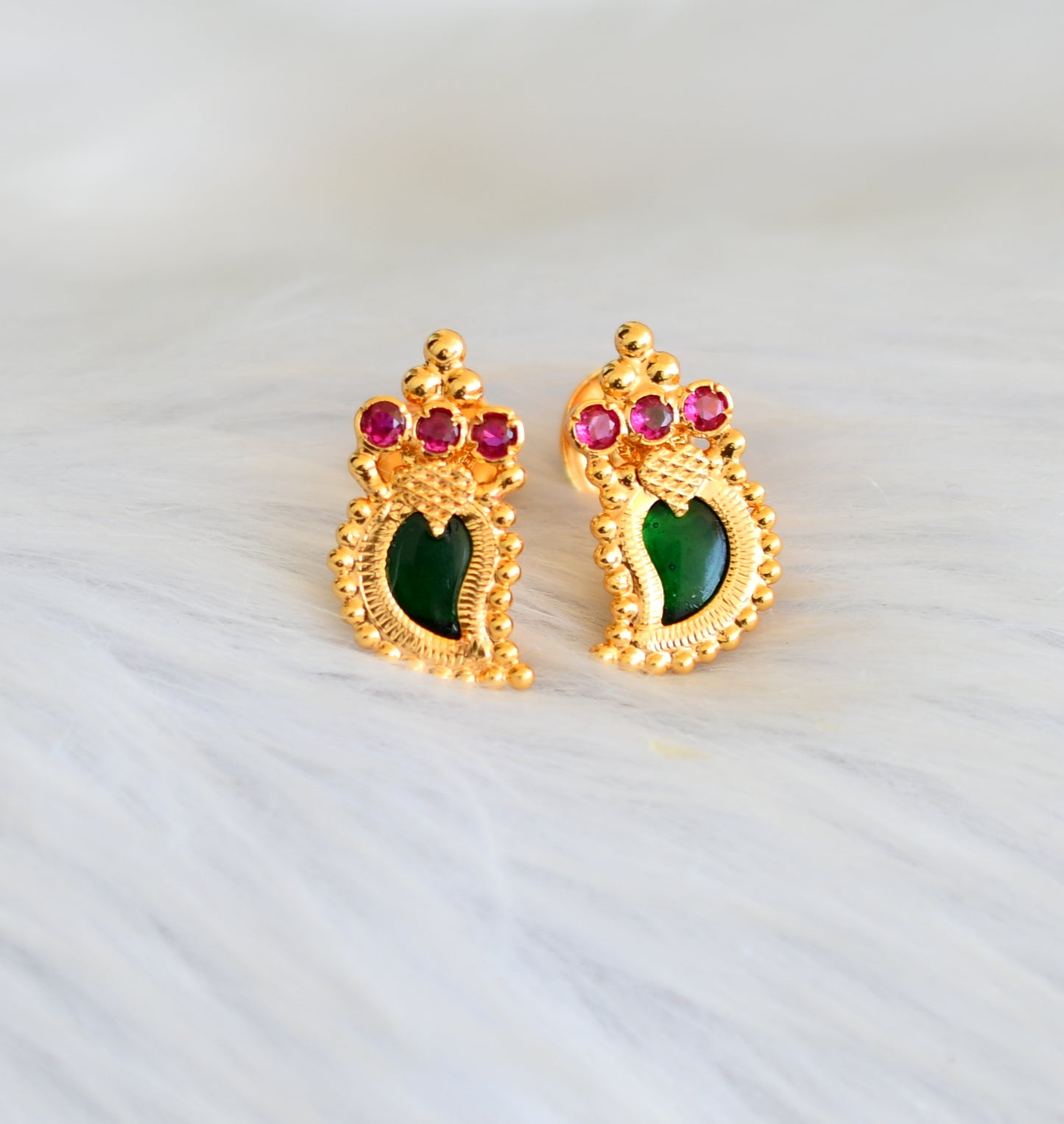 Gold tone pink-green mango Kerala style earrings dj-40765