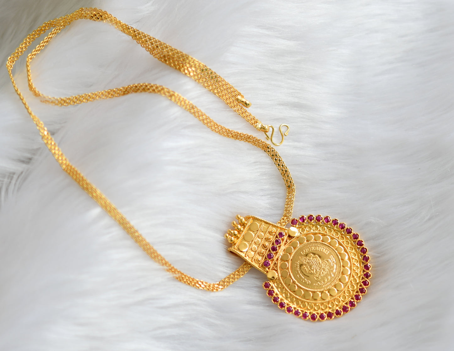 Gold tone pink stone Lakshmi round Kerala style pendant with chain dj-39229