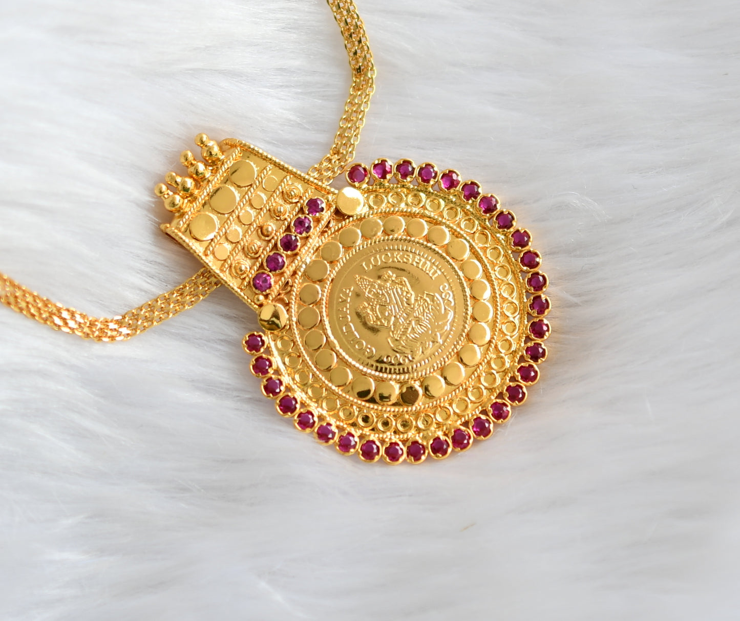 Gold tone pink stone Lakshmi round Kerala style pendant with chain dj-39229