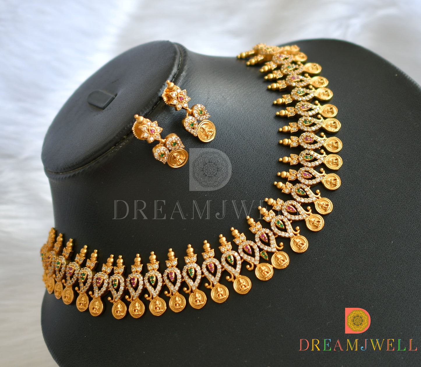 Matte finish ruby-emerald-white mango-Lakshmi coin necklace set dj-38423