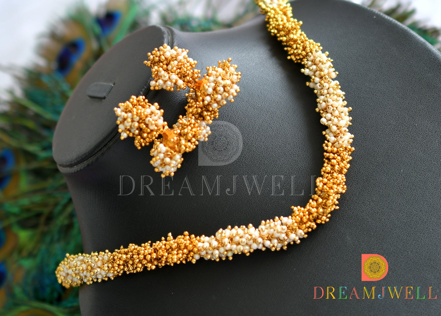 Gold tone pearl-gold cluster necklace set dj-16233