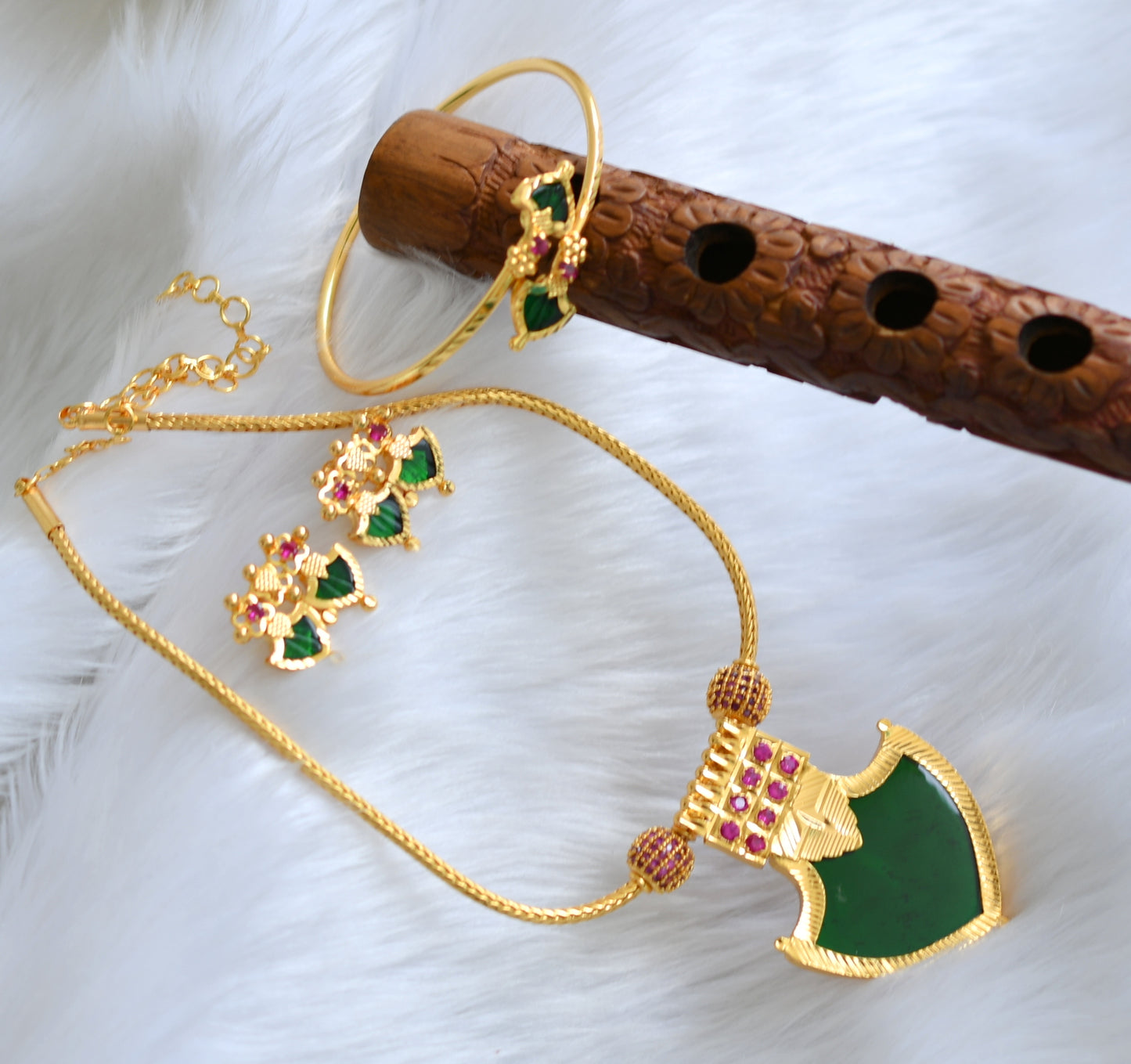 Gold tone pink-green palakka Kerala style necklace set with kada dj-39234