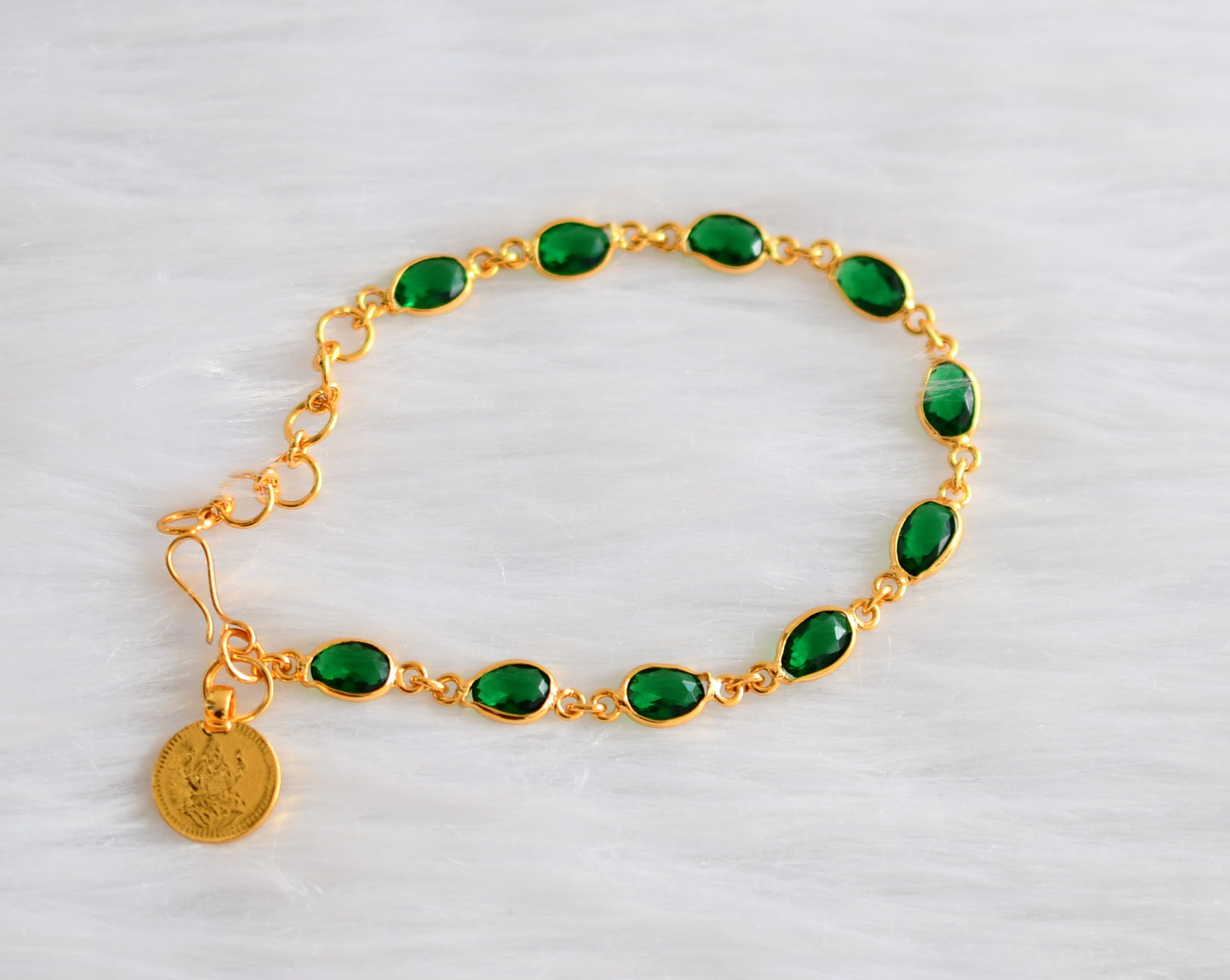 Gold tone bottle green stone Lakshmi coin Bracelet dj-39273