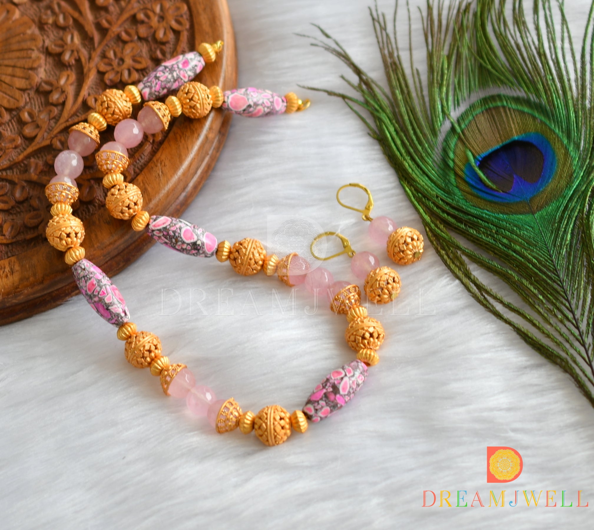 Artificial Pink & Golden-Beaded Choker Necklace Set – Aasan Kharidari