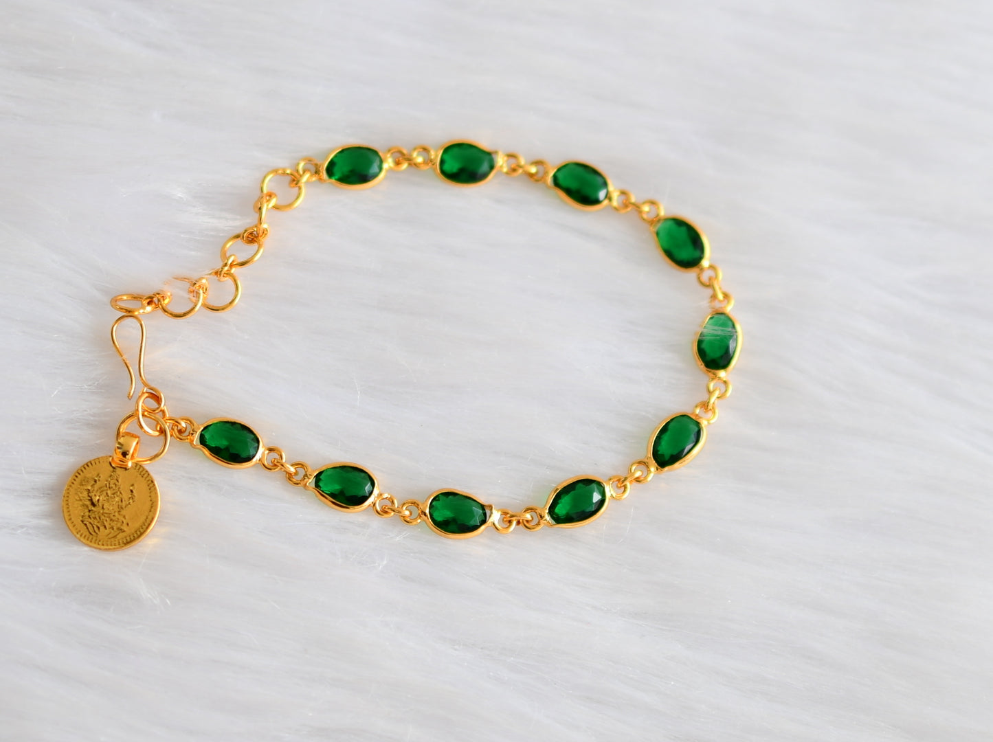 Gold tone bottle green stone Lakshmi coin Bracelet dj-39273