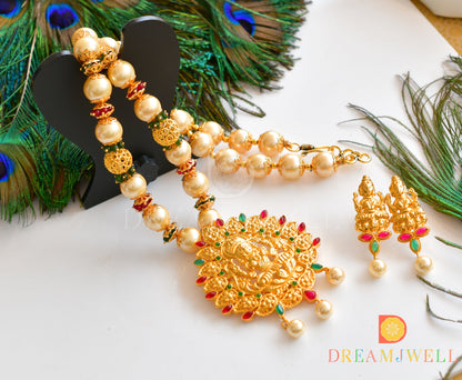 Gold tone pink-green Lakshmi pearl beads necklace set dj-36162