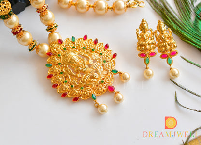 Gold tone pink-green Lakshmi pearl beads necklace set dj-36162