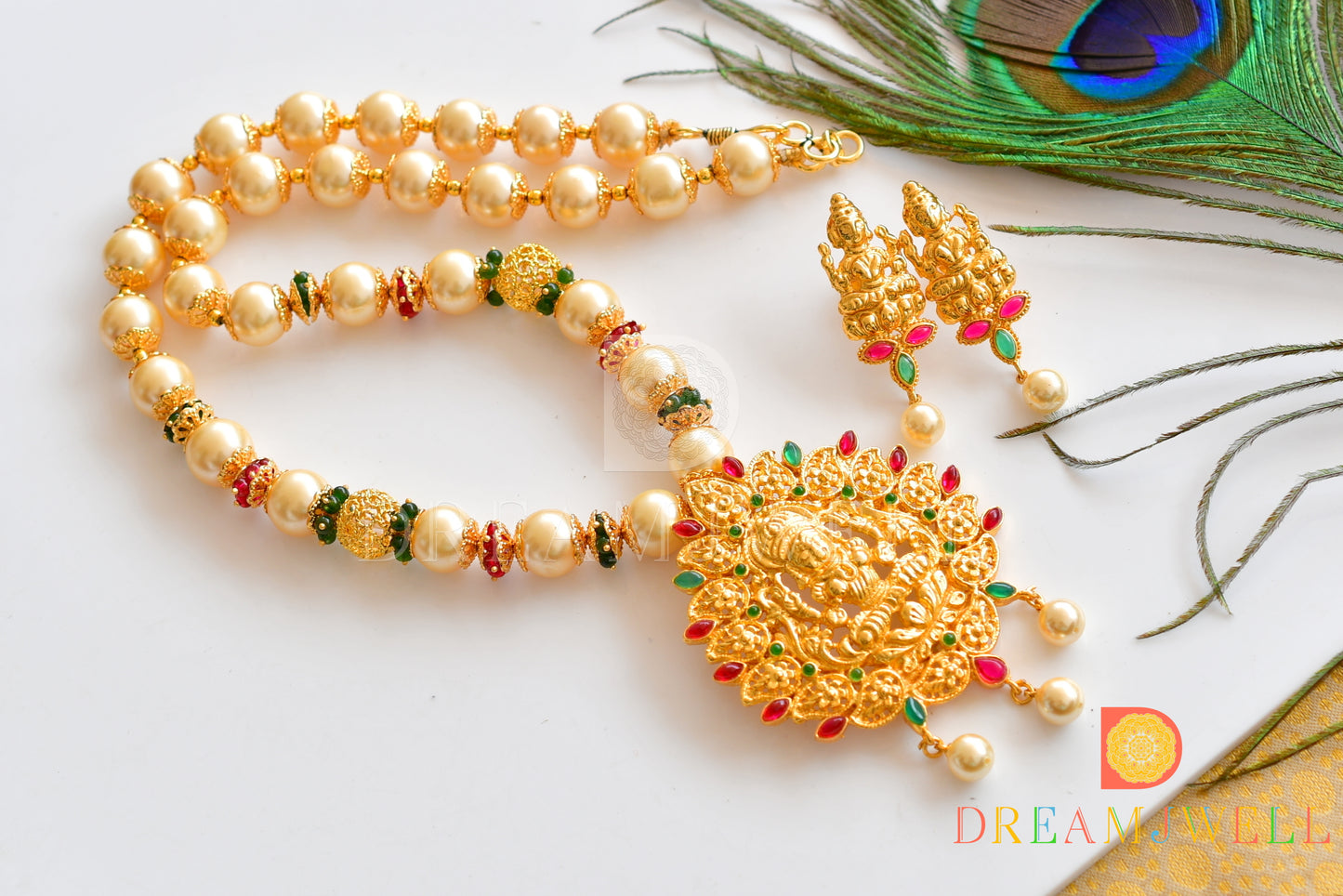 Gold tone pink-green Lakshmi pearl beads necklace set dj-36162