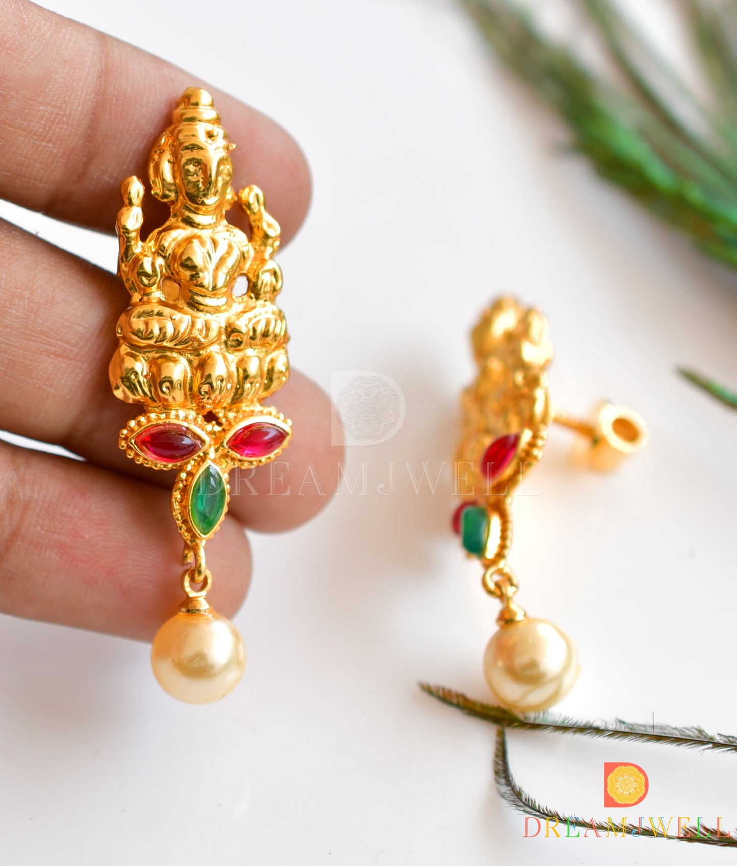 Gold tone pink-green Lakshmi pearl beads necklace set dj-36162