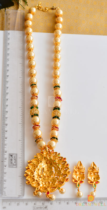 Gold tone pink-green Lakshmi pearl beads necklace set dj-36162