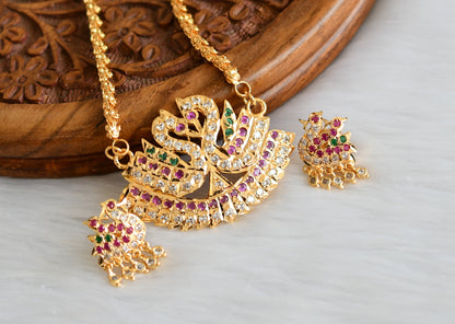 Gold tone ad pink-green south Indian style swan chain set dj-39255