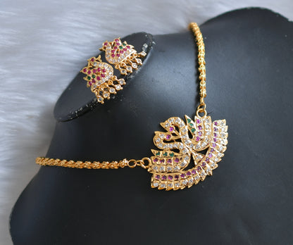 Gold tone ad pink-green south Indian style swan chain set dj-39255