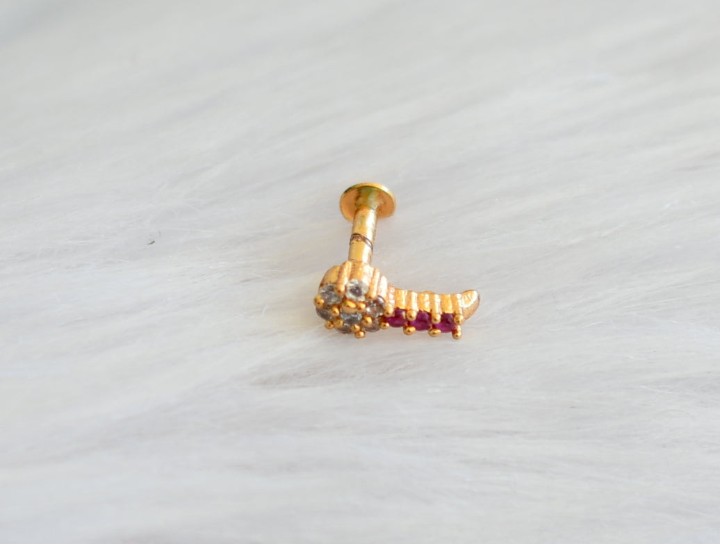 Gold tone ruby-white nose pin with screw back dj-34882