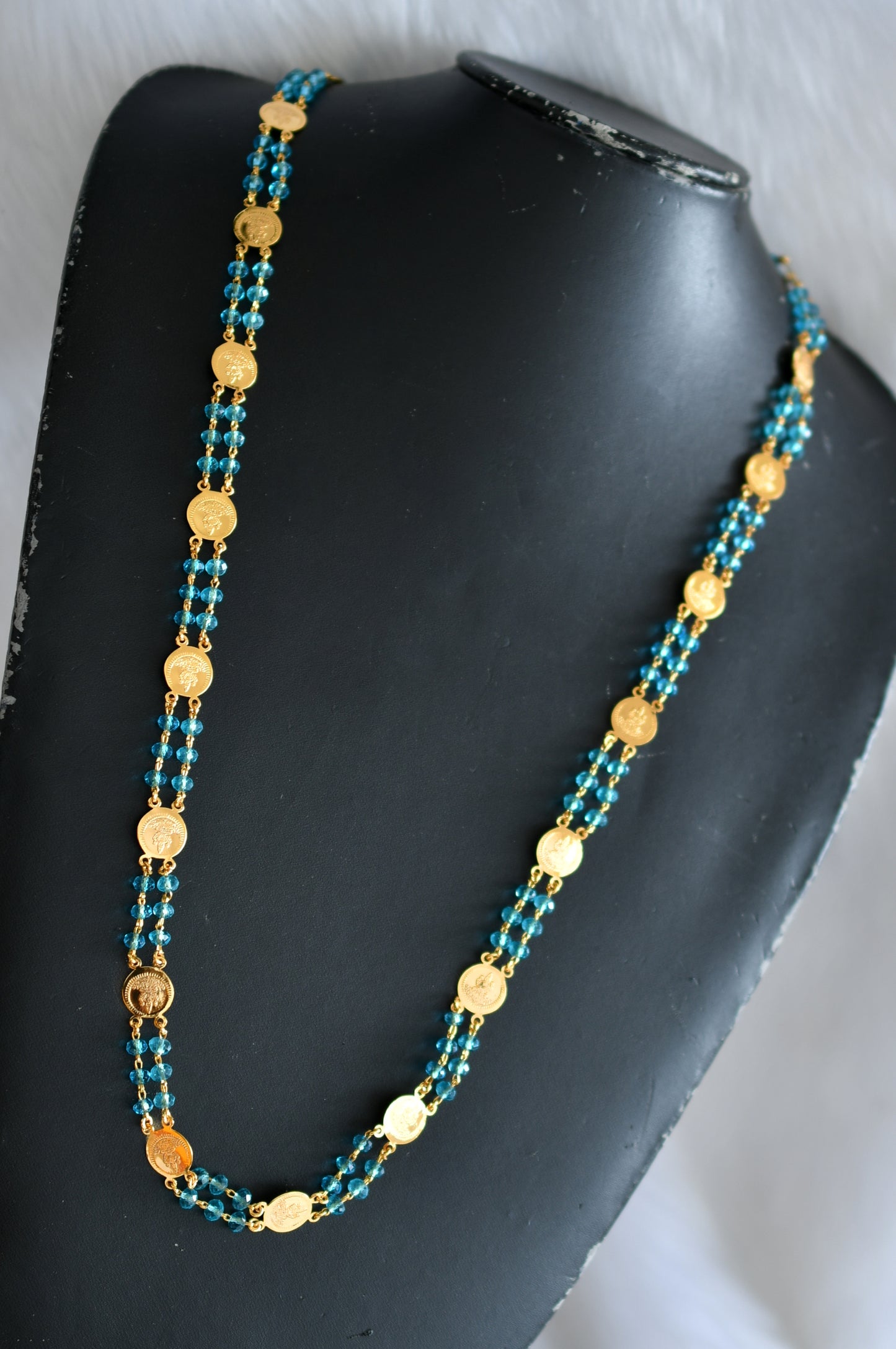 Gold tone Lakshmi coin sky blue beads chain dj-39260