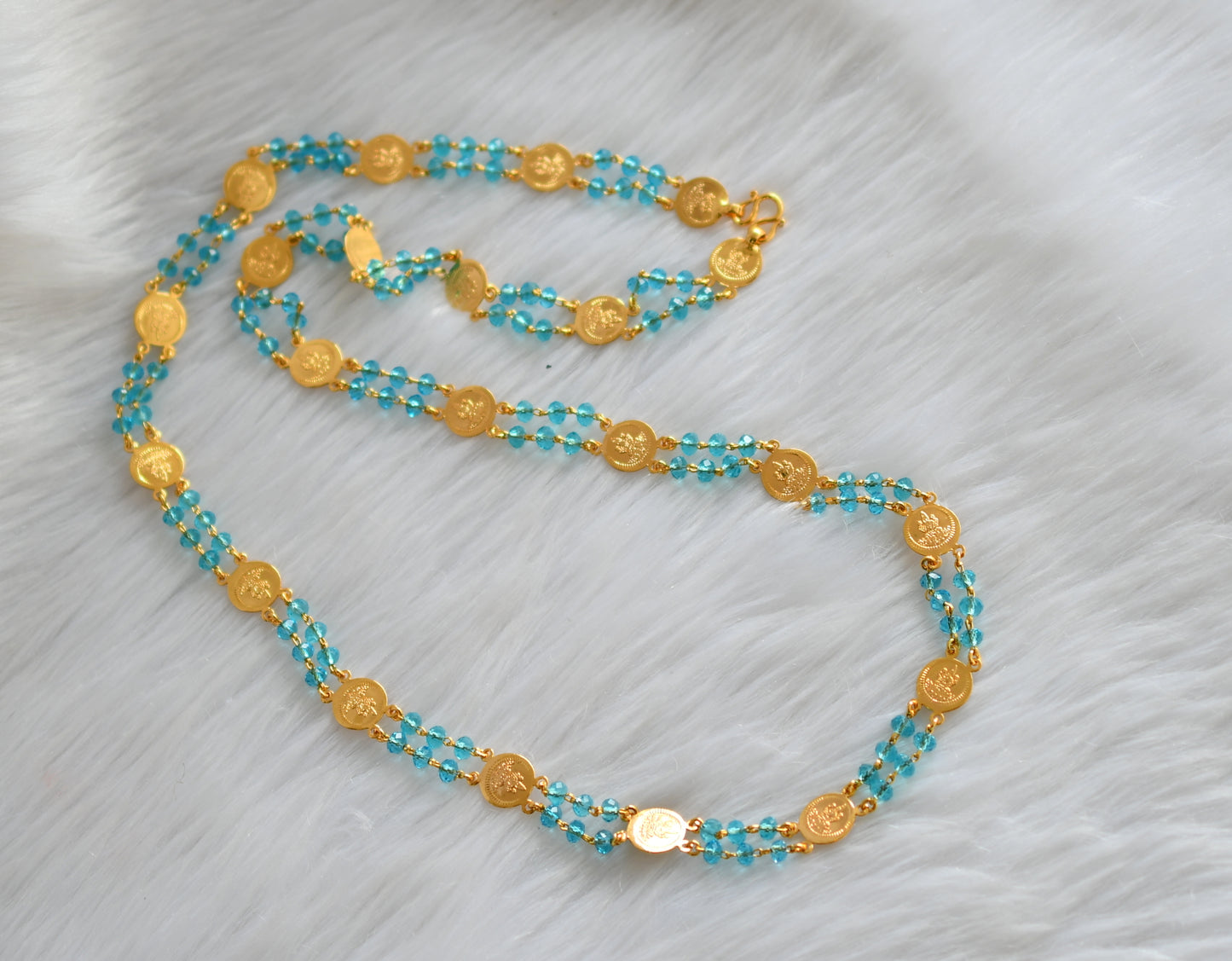 Gold tone Lakshmi coin sky blue beads chain dj-39260