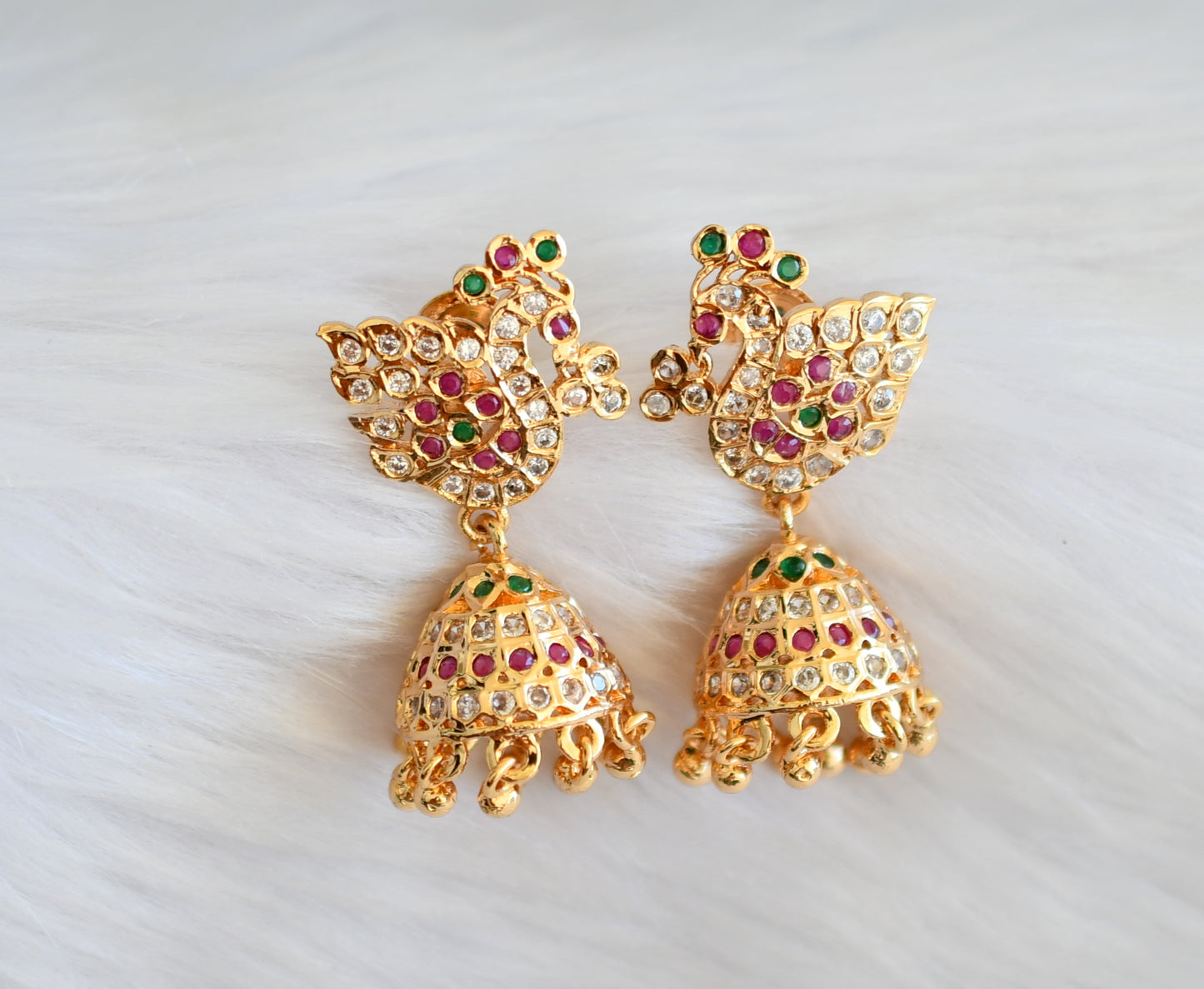 Gold tone ad ruby-green peacock jhumkka dj-33459