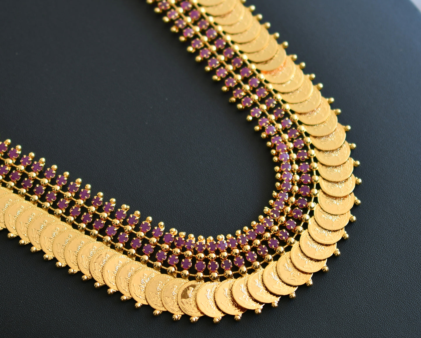 Gold tone pink stone Lakshmi coin Kerala style haar dj-40816