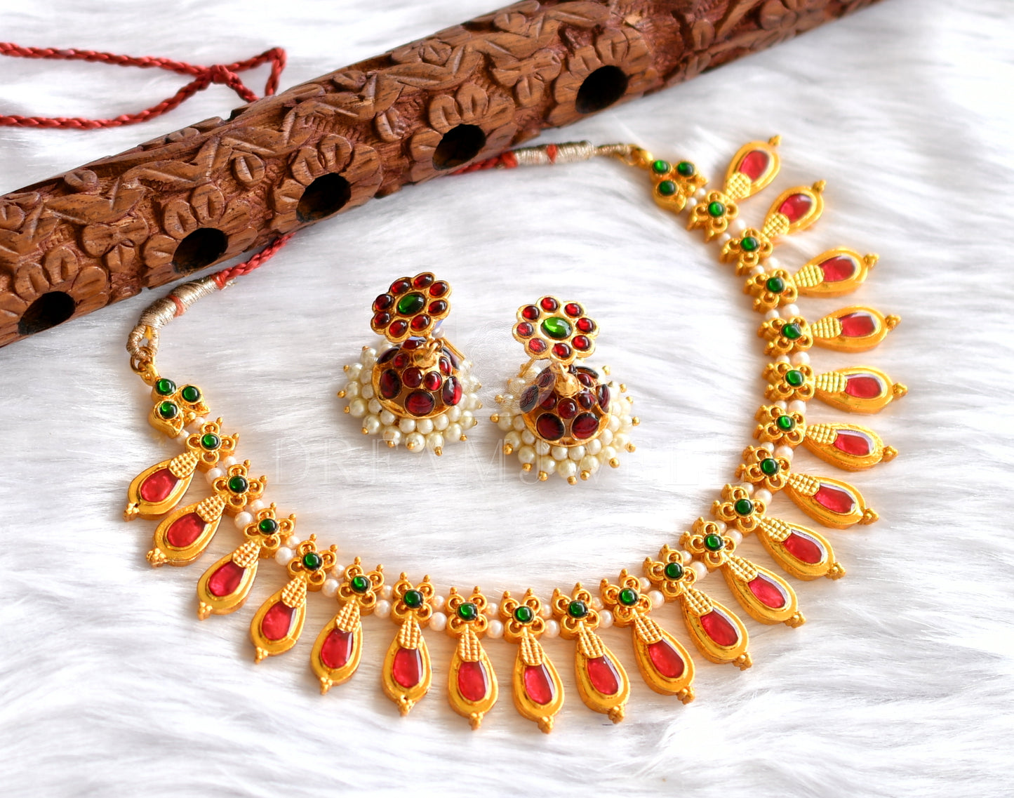 Gold tone Red-green Gopi Necklace Set DJ21413