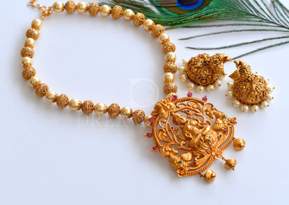 Matte finish pearl ruby-emerald big lakshmi necklace set dj-08249