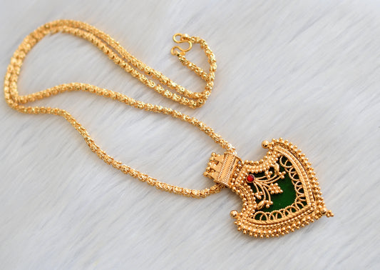 Gold tone pink-green palakka Kerala style pendant with chain dj-40828