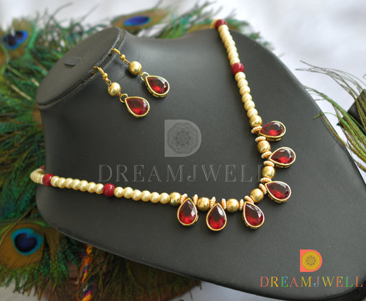 Antique gold tone maroon pearl necklace set dj-10755