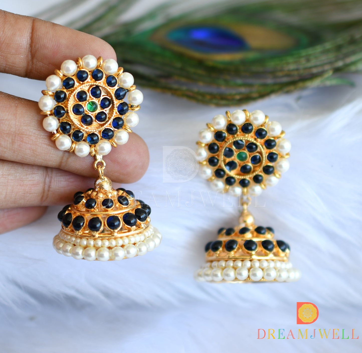 Gold tone blue-green pearl screw back Jhumkka  dj-14366