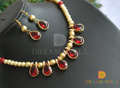 Antique gold tone maroon pearl necklace set dj-10755