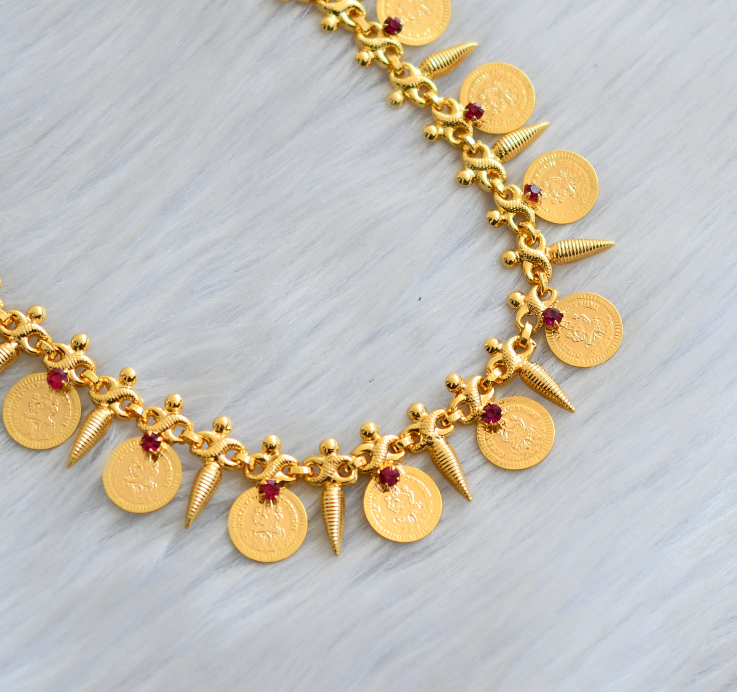 Gold tone pink stone Lakshmi coin mulla mottu necklace dj-40822