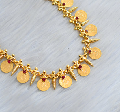 Gold tone pink stone Lakshmi coin mulla mottu necklace dj-40822