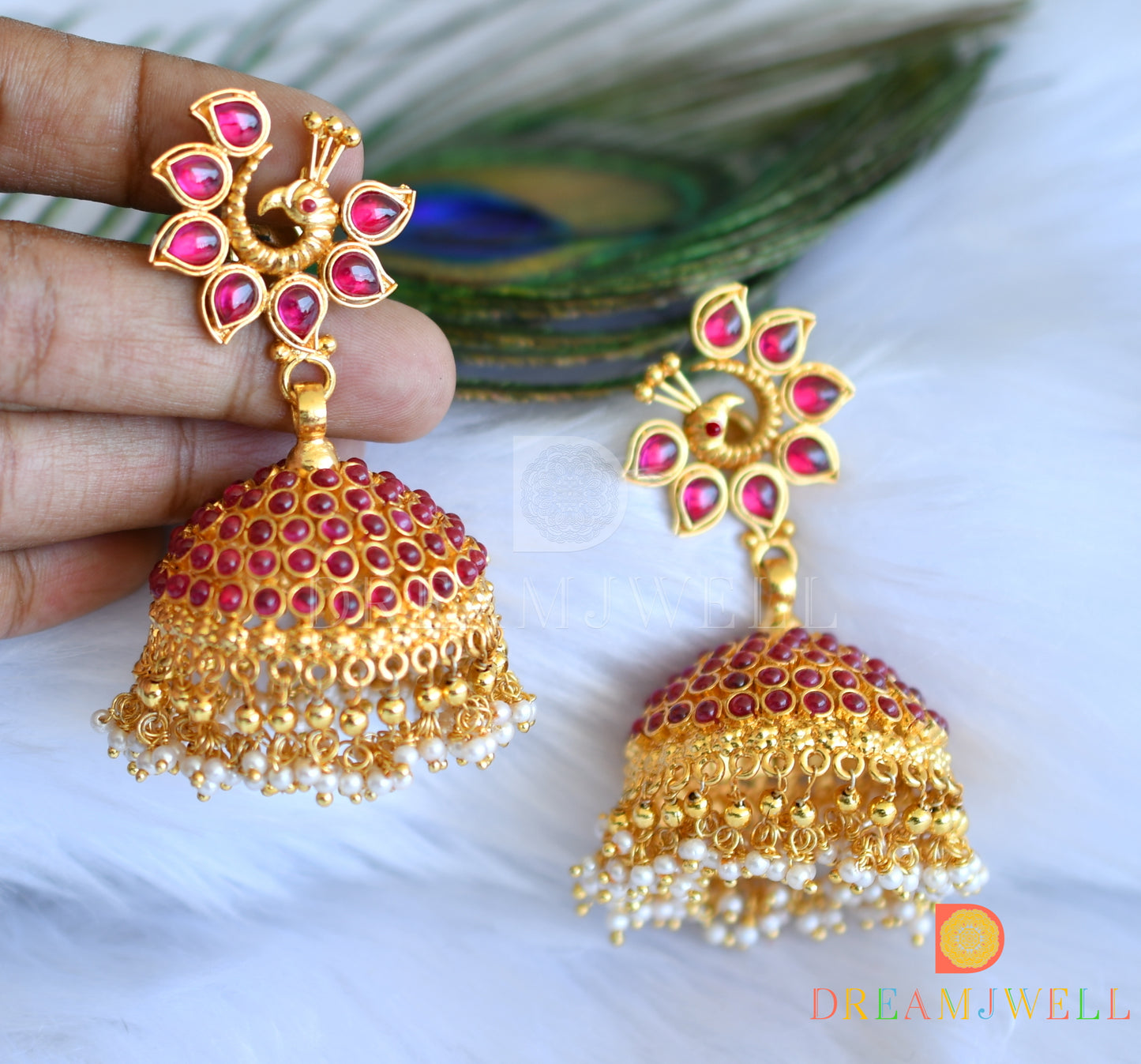 Gold tone real kemp peacock big jhumkka (screw Back) dj-17595