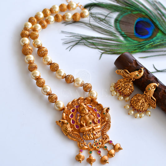 Matte finish ruby-emerald-pearl beaded Lakshmi necklace set dj-09976