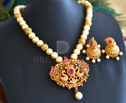 Matte finish ruby- pearl peacock designer necklace set dj-06484