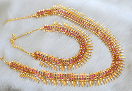 Gold tone pink stone mulla mottu Kerala style haar with necklace dj-40821