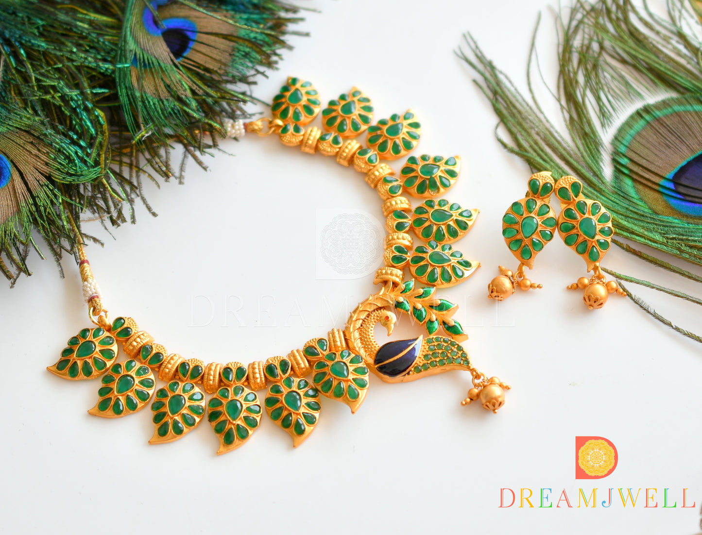 Matte Finish Emerald Peacock Necklace Set -dj10223