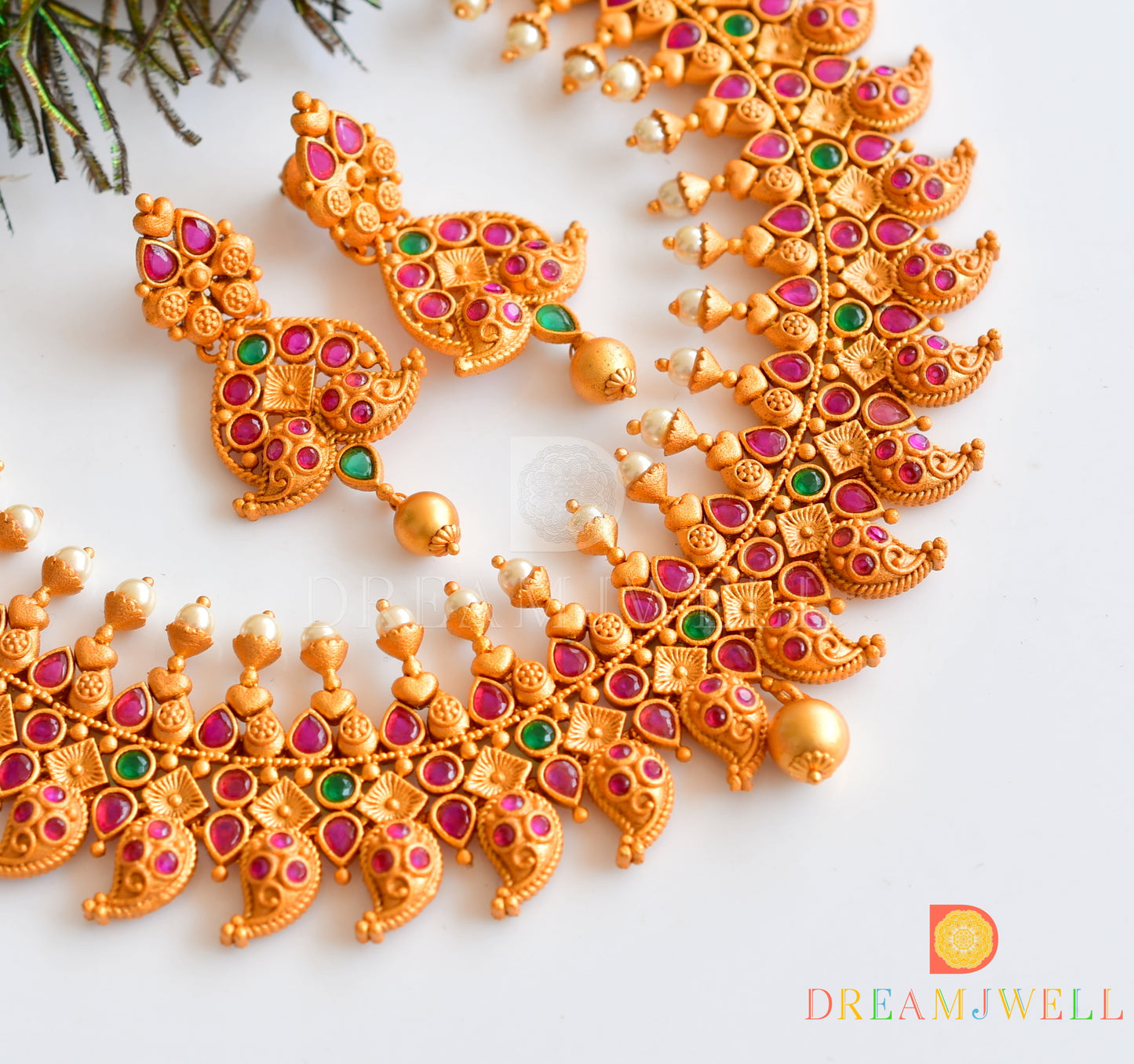 Matte Finish Ruby-emerald Mango Designer Necklace Set-dj10272