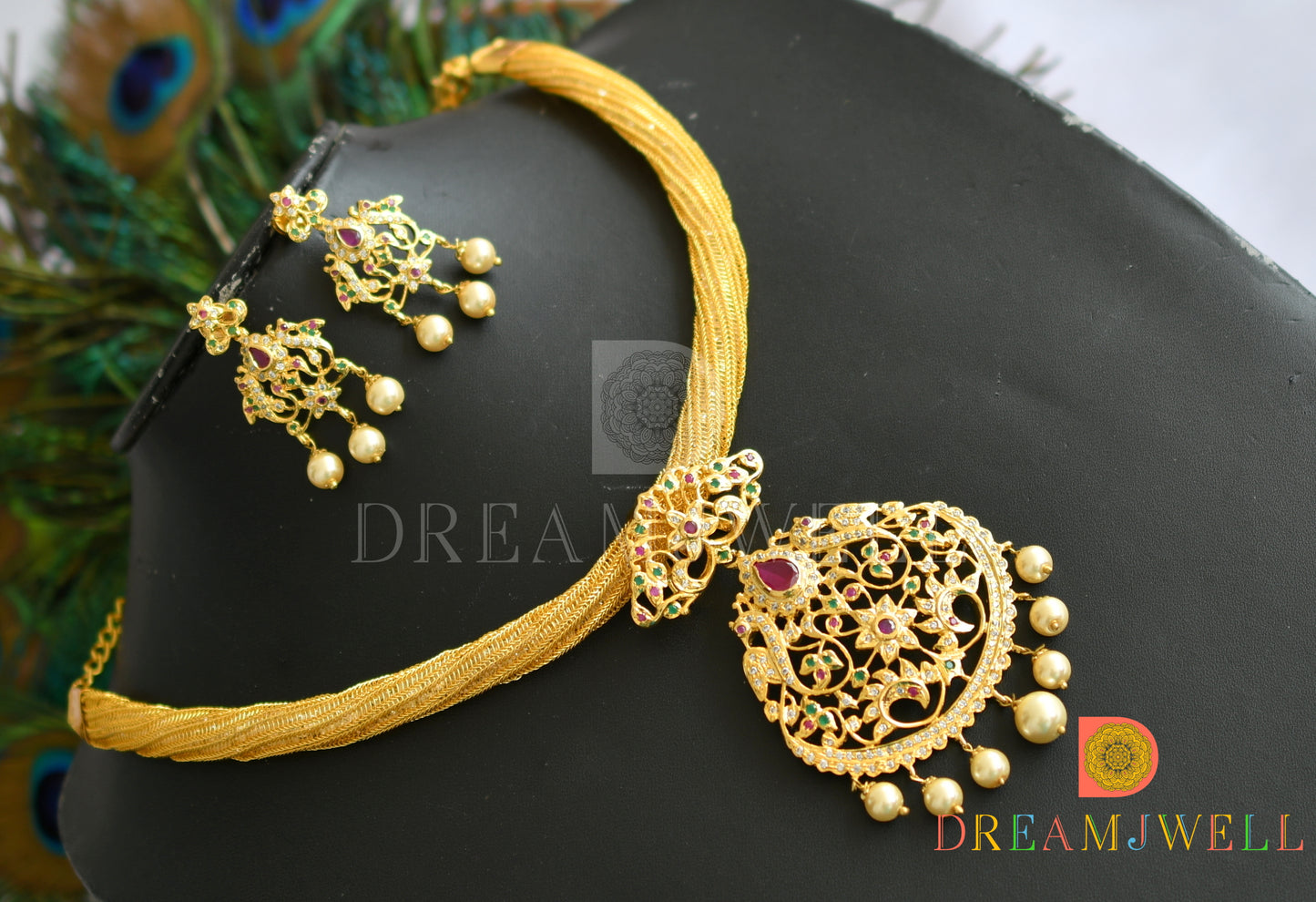 Gold tone cz-ruby-emerald peacock necklace set dj-01345