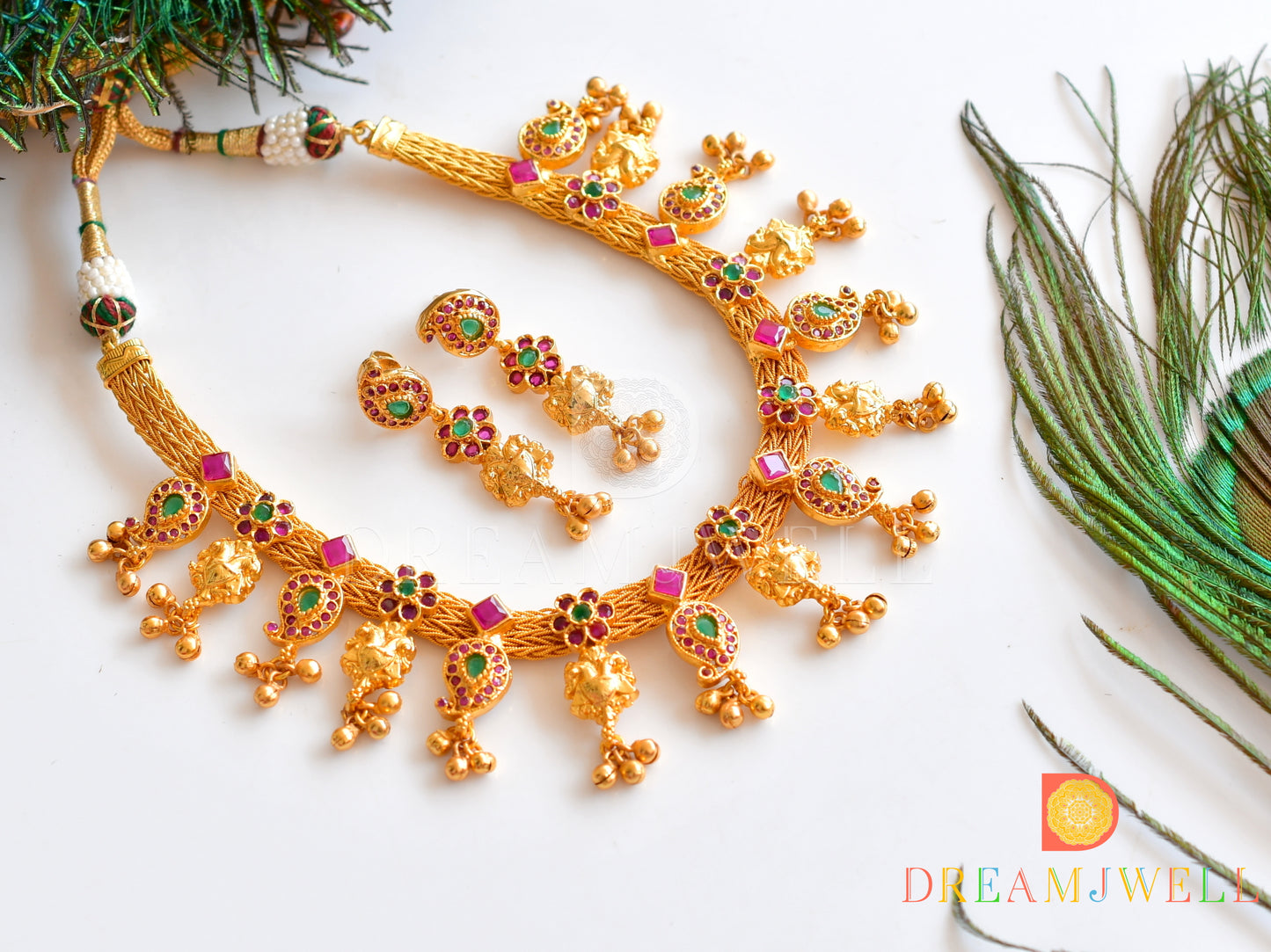 Gold tone Ruby-emerald Mango necklace With Screw Back Earrings dj-10020